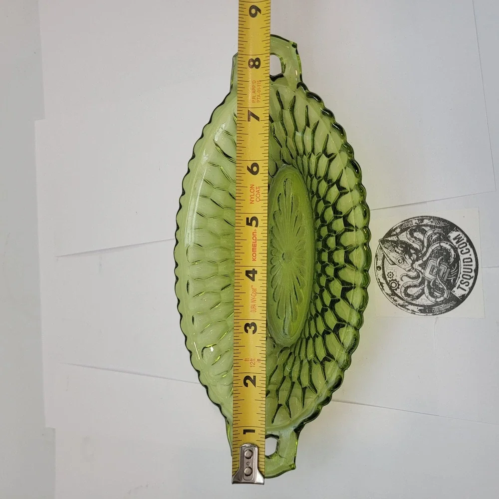Vintage Green Indiana Glass Oval Relish Dish Handle Scalloped Thumbprint Pattern